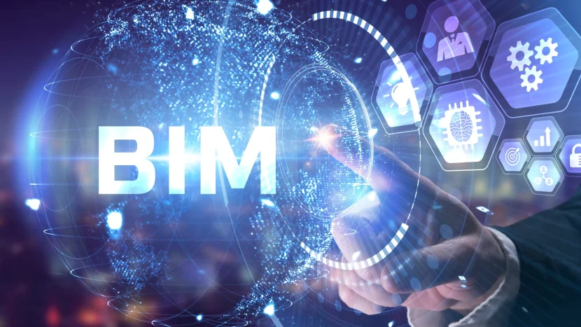 Fotomontaje de apariencia tecnológica con diferentes iconos y una mano pulsando con el dedo sobre un interfaz gráfica que muestra la palabra BIM