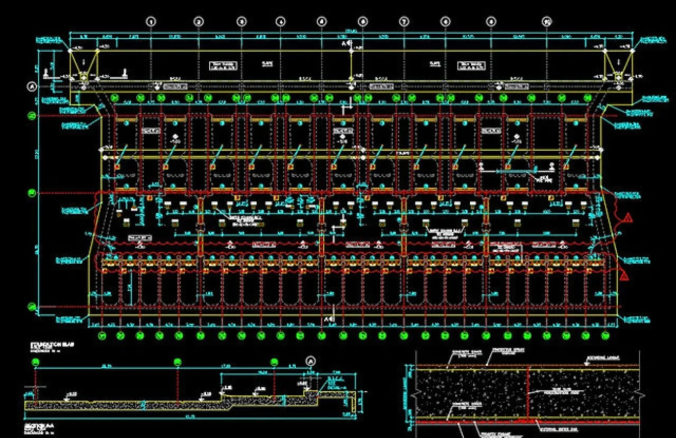 Imagen técnica de un plano y estructura de un edificio diseñado con CAD