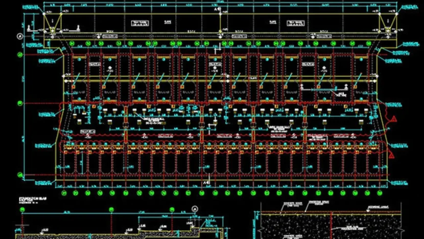 Imagen técnica de un plano y estructura de un edificio diseñado con CAD