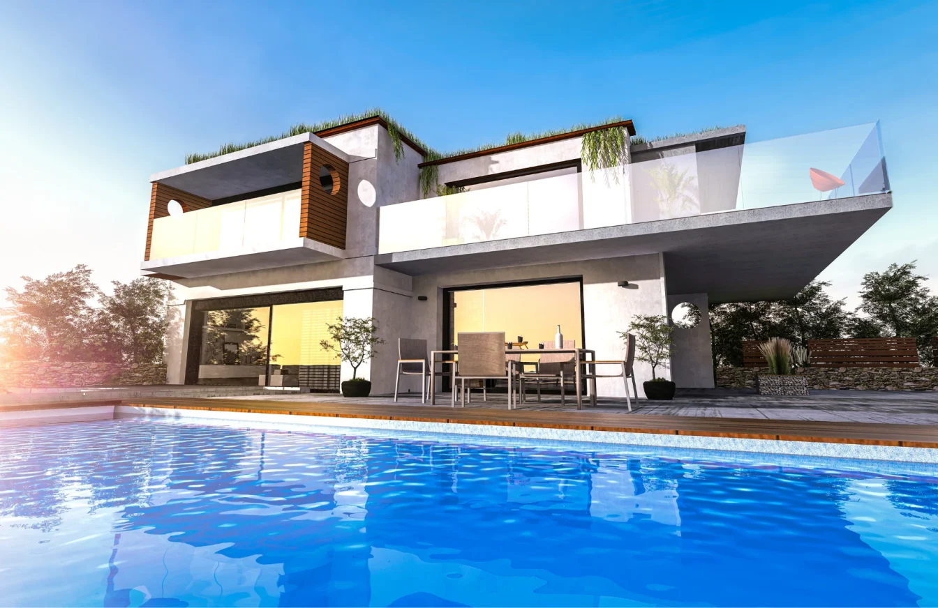 Infografía 3D muy realista de una casa moderna de dos plantas, con terraza, jardín y piscina