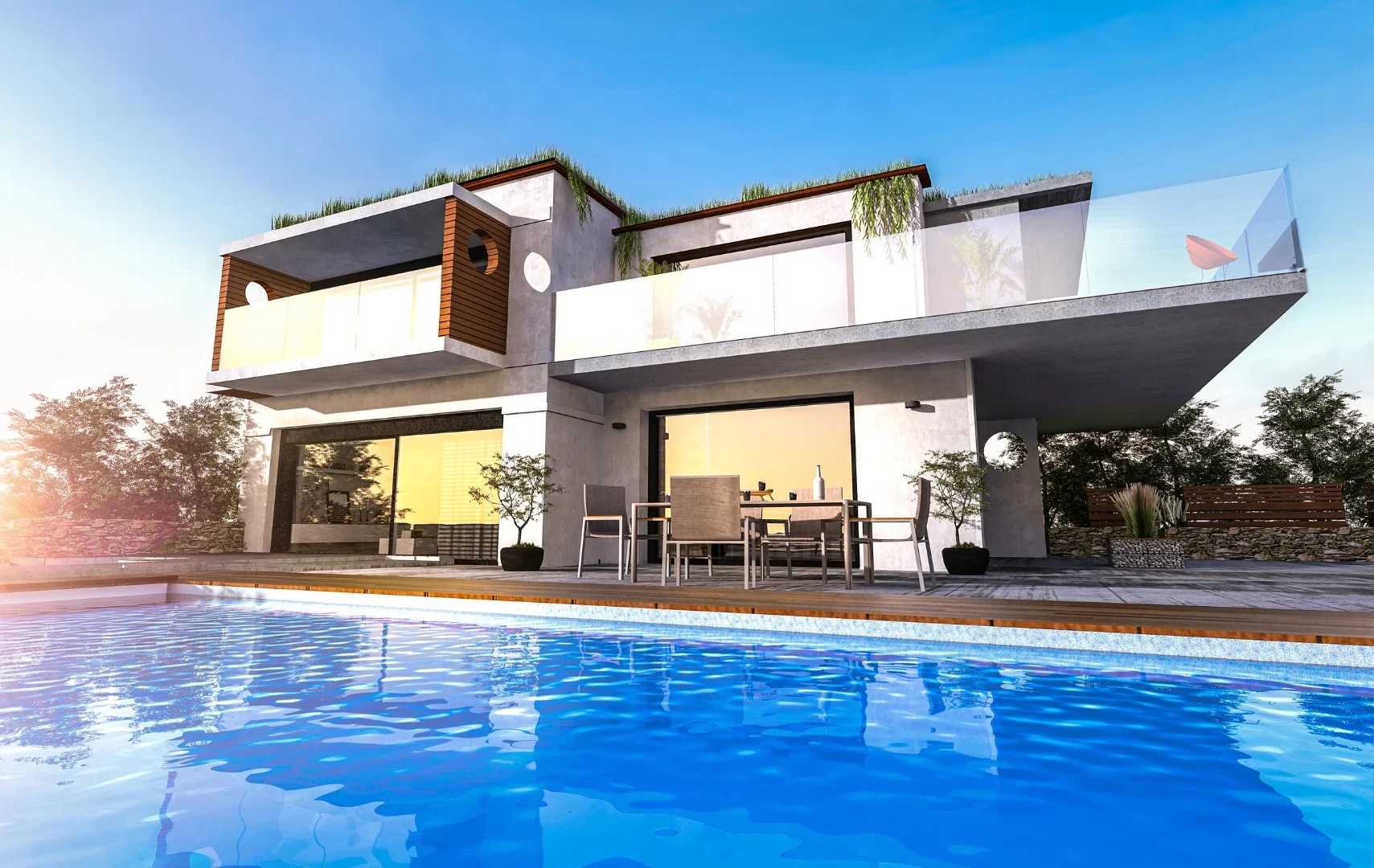 Infografía 3D muy realista de una casa moderna de dos plantas, con terraza, jardín y piscina