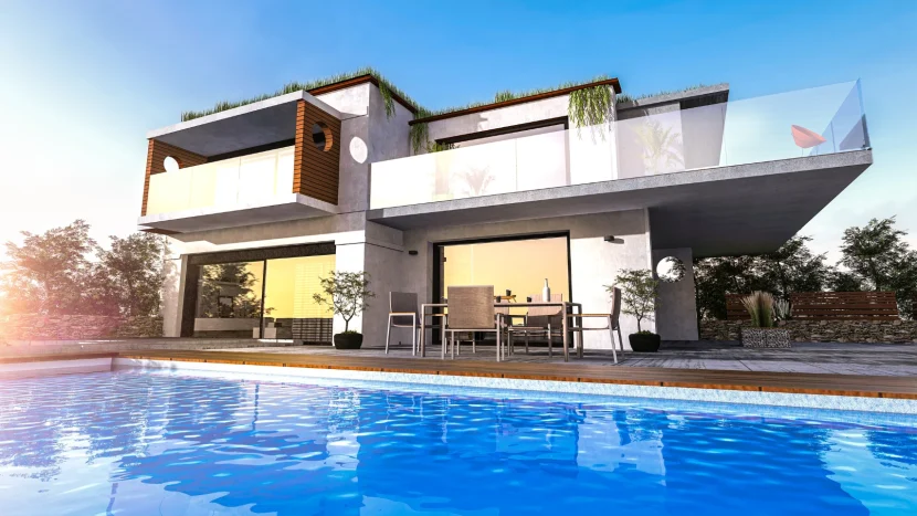 Infografía 3D muy realista de una casa moderna de dos plantas, con terraza, jardín y piscina