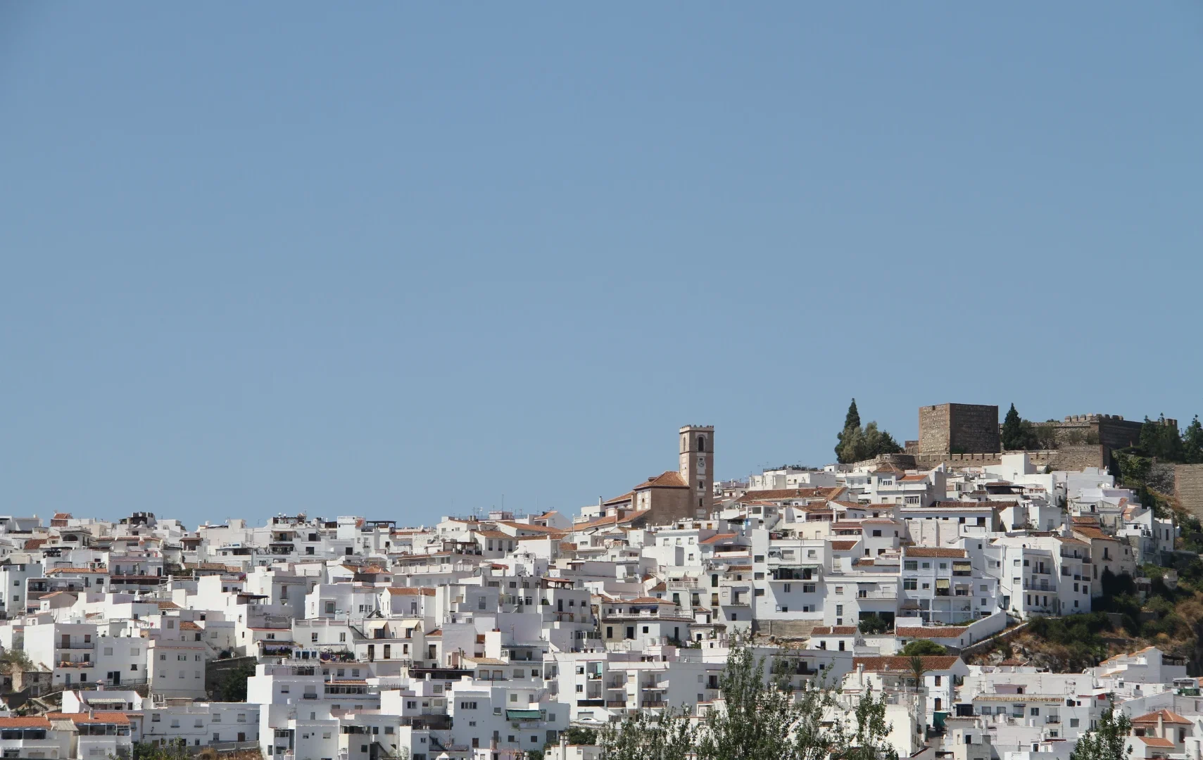 Panorámica de Salobreña que muestra la falda de una colina coronada por el castillo y debajo todas las casas blancas características de esta localidad de la Costa Tropical de Granada